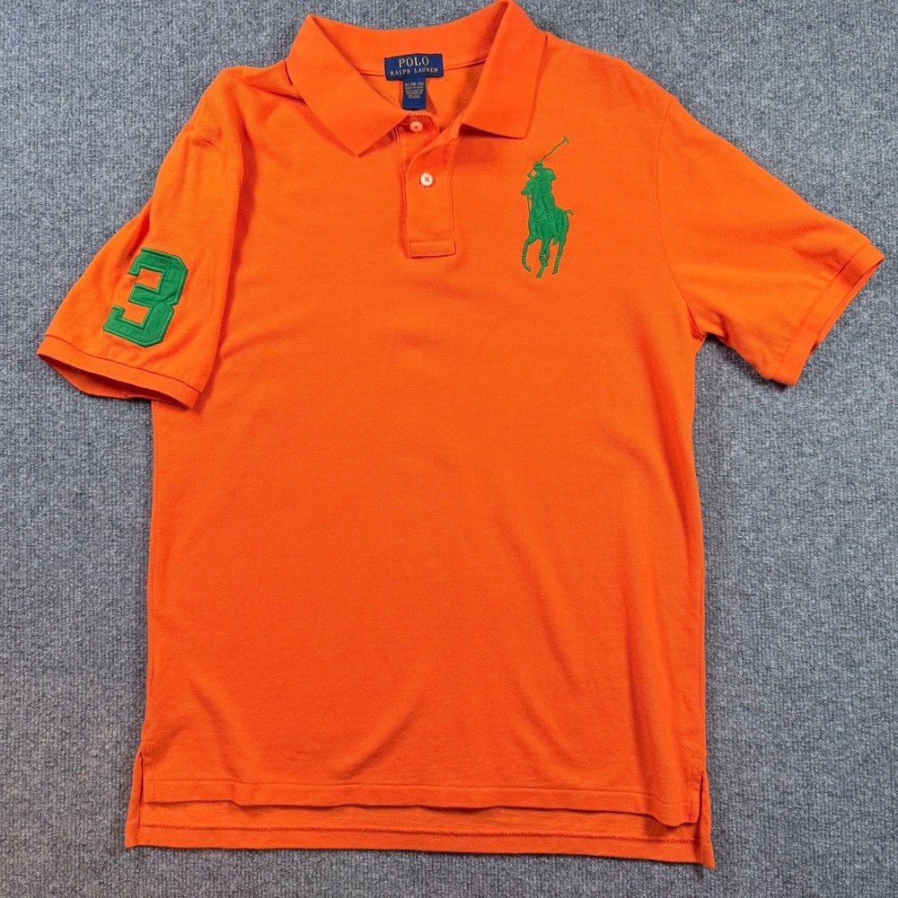 Polo Ralph Lauren Polo Shirt Boys XL 18-20 Orange Big Pony Green 3 Patch